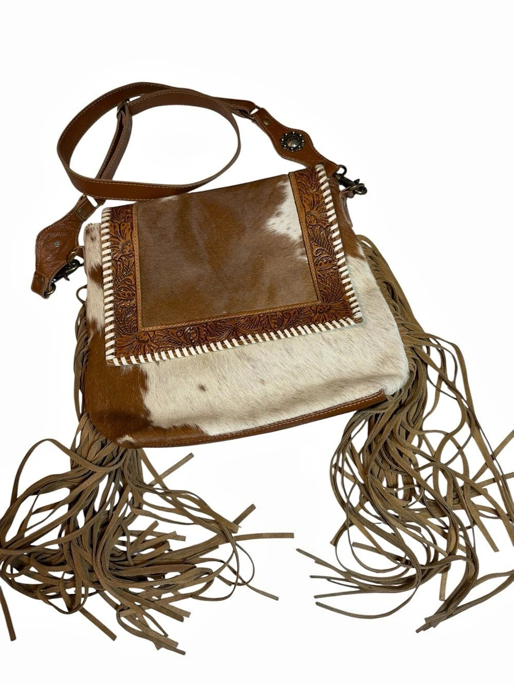 Myra Bag Hair-On Hide Fringe Crossbody Brown & White